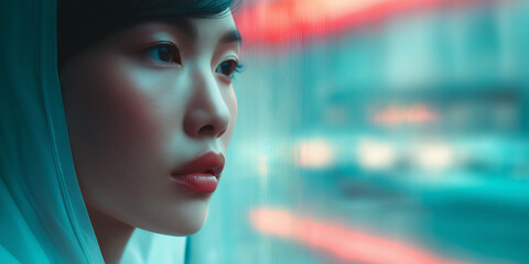 Contemplative woman gazing out window in urban scene with neon lights reflecting in background. Thoughtful woman with serene expression observes city life through glass.