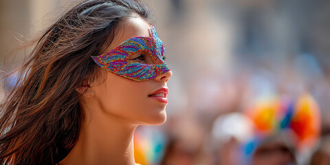 Colorful mask at vibrant parade celebration highlighting joyful atmosphere and participant expressions in festive crowd.