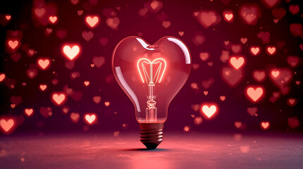 Heart shaped light bulb glowing with warm illumination on dark pink background, romantic idea concept, creative love symbol, cinematic studio lighting, modern abstract background