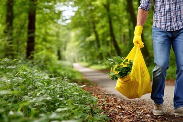 Man collecting litter in a yellow plastic bag in a forest. Environment preservation and cleanliness concept, volunteering to keep nature clean and healthy, outdoors.