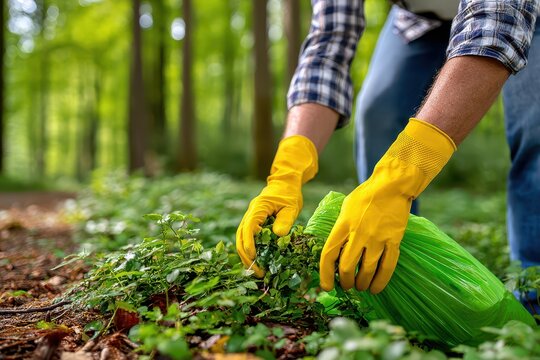Man in yellow gloves removing invasive plant species in a forest, environmental care concept and volunteering work, cleaning the planet with efforts.
