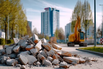Pile of broken concrete and bricks with a construction excavator machine and high rise buildings in the background, urban demolition and development scene.
