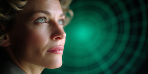 Woman looking at radar screen with green light in background. Portrait of intelligent woman gazing thoughtfully at radar graphic with concentric circles.