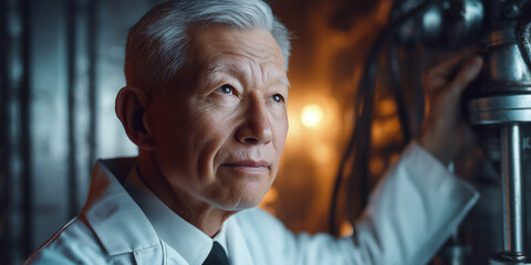 Senior scientist working in laboratory with advanced machinery and equipment, focused on innovative research, examining latest technology and development.