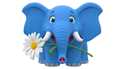 Cute Blue Cartoon Elephant Holding a Daisy