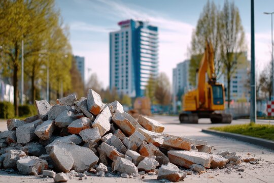 Pile of broken concrete and bricks with a construction excavator machine and high rise buildings in the background, urban demolition and development scene. - Powered by Adobe