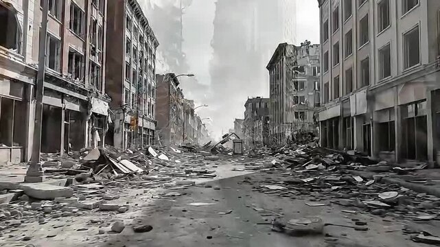 Collapsed Skyscraper Building in City Downtown with Billowing Dust and Smoke After Explosion