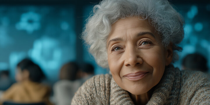 Elderly woman smiling with gray hair in sweater at event surrounded by attentive audience. Warm expression reflects wisdom and joy while participating in engaging discussion. - Powered by Adobe