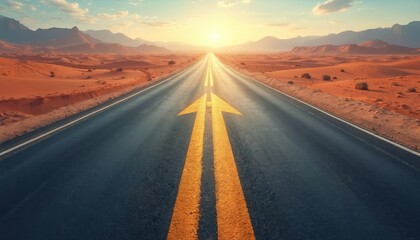 Straight road with yellow arrow pointing towards horizon in desert landscape at sunset. Symbolizes direction ambition and future goals. Journey begins now.