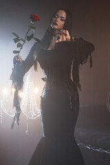 A gothic beauty with long straight hair and dramatic makeup models a black godet dress with corset in a luxurious, dimly lit gothic interior space.