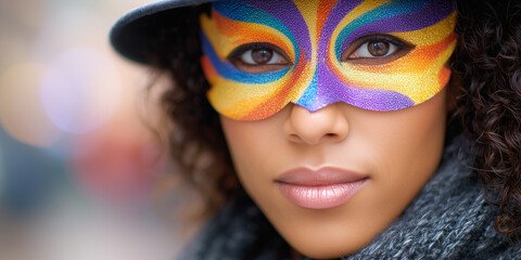 Woman wearing colorful mask in festive celebration with elegant hat and stylish scarf. Vibrant mask enhances her features, creating elegant imagery for events. Concept celebration and masquerade.