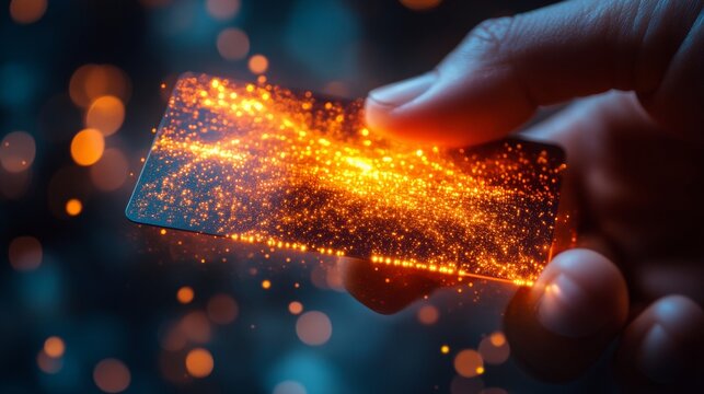 Futuristic glowing credit card in human hand with bright orange light particles symbolizing digital finance, innovation, cryptocurrency, and modern electronic payment technology in abstract background