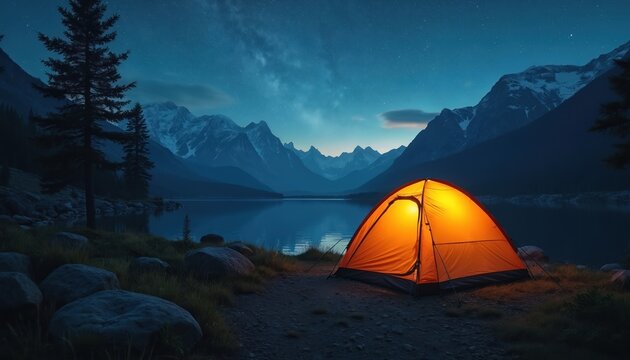 Bright orange tent glows at night by calm lake reflecting snowy mountains under starry sky. Peaceful wilderness campsite offers quiet escape. Adventure and wonder await.