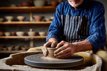 Close-up of a senior potter shaping a clay pot on a pottery wheel in his studio, showcasing the traditional craft of pottery with skill and care.