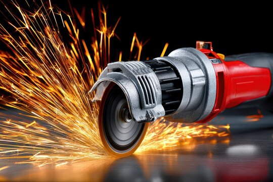 A close-up studio shot capturing an angle grinder in action, emitting a shower of bright orange sparks against a dark background, showcasing power tools and workshop. - Powered by Adobe
