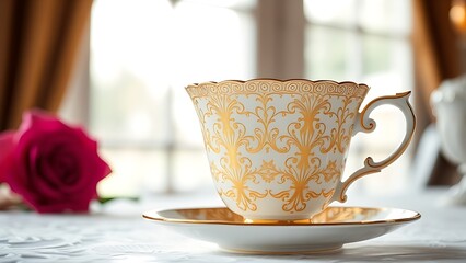 regularizing. Elegant white porcelain teacup with gold filigree patterns, soft window light highlighting delicate details. bar promotions.