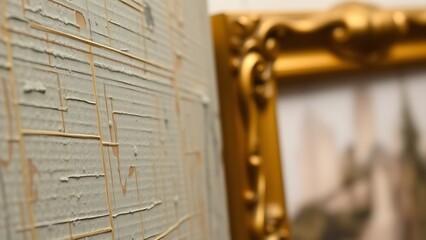 sfumato. Close-up detail of textured oil paint brushstrokes on a canvas, ornate golden frame in background. event programs, museum guides, designed for cultural heritage projects and event programs.