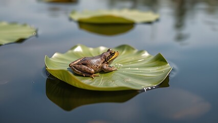 supine. A frog basking on a lily pad floating on a calm sunlit lake. wildlife magazines, conservation campaigns, designed for eco-tourism storytelling, supports conservation.