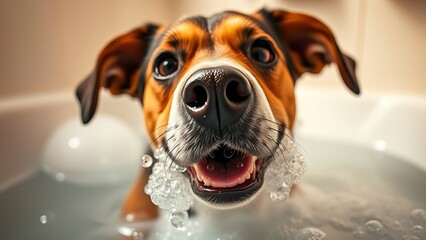 suds. A playful dog enjoying a bubble bath, captured in close-up with a shallow depth of field. wildlife magazines, conservation campaigns, designed for wildlife conservation campaigns.
