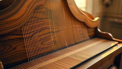 harpsichord. Opened harpsichord interior showing intricate wood grain and strings. event programs, museum guides, designed for cultural heritage projects and event programs, preserves heritage.