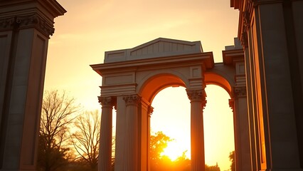 neoclassical. Majestic neoclassical archway glowing in golden sunset hues with a soft diffused light. inspiring travel planning.