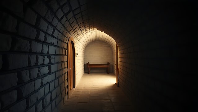 spinor. A narrow stone corridor leading to a vaulted storage room with soft interior light. real-estate listings.