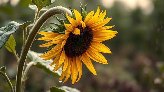 laurate. Sunflower drooping after a storm with rain droplets on its petals. gardening catalogs, home-decor guides, designed for home decor and floral branding, celebrates nature.
