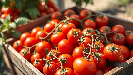 picker. Fresh red tomatoes arranged in a wooden crate, symbolizing summer harvest abundance. representing seasonal cycles and harvest abundance.