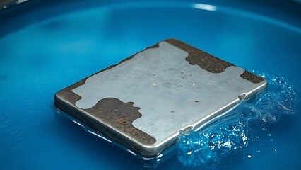 electrolytic. Iron plate in a blue bath with a shiny silver coating forming. safety posters, maintenance manuals, designed for precision metalworking and fabrication facilities, supports safety.