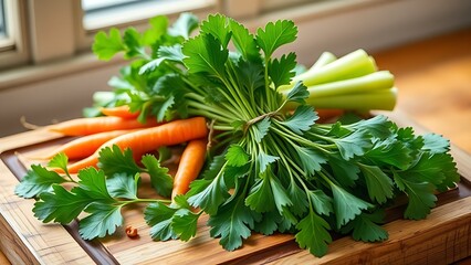 lovage. A bundle of lovage, carrots, and celery on a rustic cutting board. menu design, packaging mockups, designed for food delivery and cloud-kitchen brand materials, used by professors.