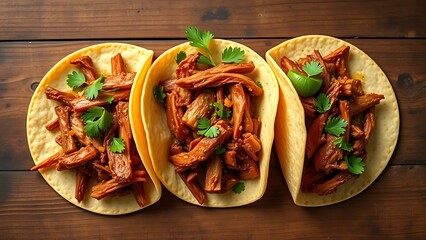 streetfood. Three flavorful pork carnitas tacos arranged on a rustic wooden surface, exuding earthy warmth. menu design.