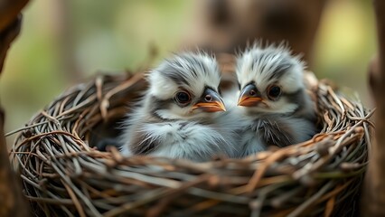 noticeably. A fluffy fledgling bird in a nest, smaller than its siblings, with a soft-focus background. wildlife magazines, conservation campaigns, designed for eco-tourism storytelling.