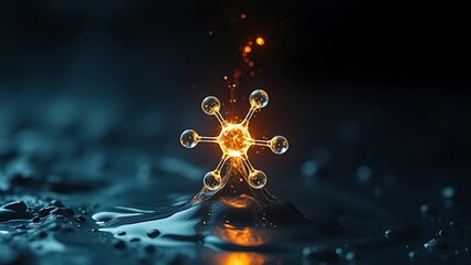 submicroscopic. A single, complex, glowing molecule emerges from a dark, primordial aqueous solution, symbolizing the spark of life. STEM education sheets.