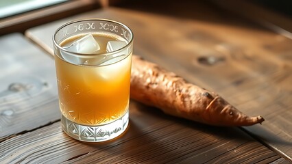 shochu. Frosted glass of shochu with roasted sweet potato on a wooden surface. bar promotions, beverage menus, packaging labels, designed for product packaging and bar promotions, used by chefs.