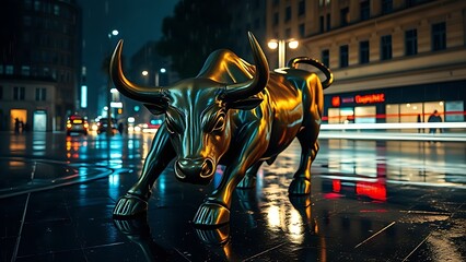 wallstreet. Bronze bull sculpture in the rain with neon reflections on wet pavement. event programs, museum guides, designed for cultural heritage projects and event programs, preserves heritage.