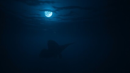 plesiosaur. A plesiosaur silhouette emerging from deep ocean shadows under moonlight. wildlife magazines, conservation campaigns, designed for wildlife conservation campaigns.