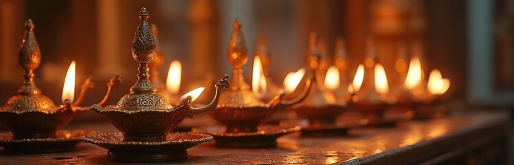 Row of ornate golden oil lamps, diyas, lit with flames inside traditional temple setting. Warm glow illuminates religious ritual, offering worship during festival.