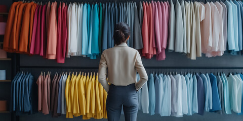 Woman shopping for clothing in colorful fashion retail store with vibrant seasonal garments hanging on display. Shopping experience includes wide selection of apparel in various shades.