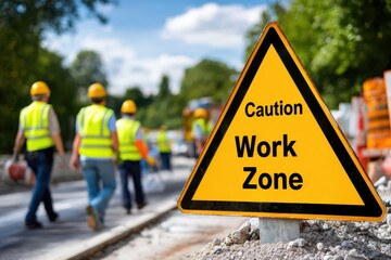A yellow triangular caution sign indicating a construction or work zone with workers, emphasizing safety awareness and potential hazards in the designated area.