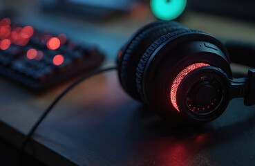 Gaming headset with red LED lights rests on a desk next to a backlit keyboard. This setup is perfect for gamers, streamers, and music lovers. Explore your digital world with immersive sound.