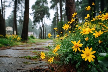 Obraz premium A serene path in a forest with yellow wildflowers in bloom, inviting a peaceful walk, surrounded by trees and green foliage on a tranquil day.