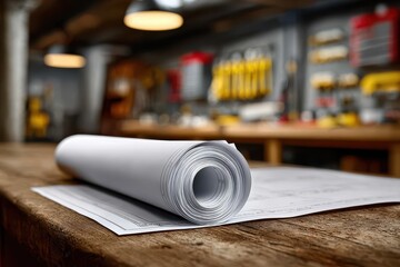 Close-up view of rolled blueprints resting on a wooden workbench, featuring a workshop with tools in the background, suggesting planning and craftsmanship.