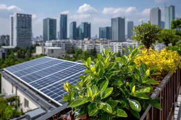 Rooftop solar panels with a green plant offering a sustainable energy solution against the backdrop of a modern city skyline with clear sky and urban landscape.