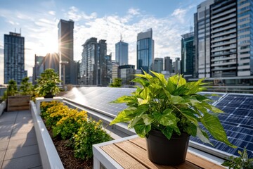 Rooftop garden with golden pothos, solar panels and cityscape with a bright sun, showing eco-friendly and sustainable urban living in the heart of the city.
