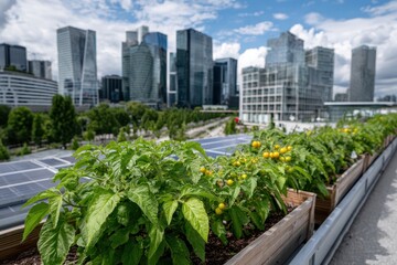 Rooftop garden with tomatoes and solar panels in an urban setting, showcasing sustainable living with city skyline, modern architecture and bright sky, creating an eco-friendly cityscape.