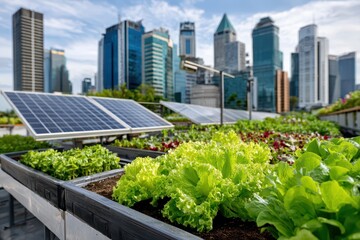 Urban rooftop garden with lettuce and solar panels providing a sustainable, eco-friendly space, against a cityscape background, promoting green living in the city.