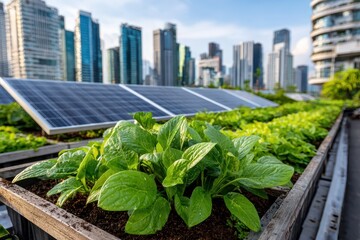 A thriving urban rooftop garden with leafy greens and solar panels, symbolizing sustainability and clean energy against a city skyline backdrop.