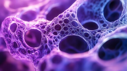Abstract microscopic structure with glowing purple textures and porous organic surface, molecular biology, microbiology, futuristic scientific visualization of cellular networks and tissue formation.
