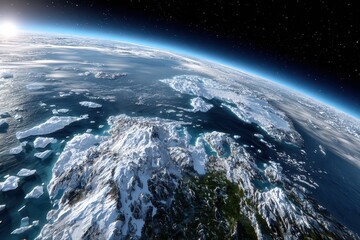 A breathtaking view of Earth from space, showcasing snow-capped mountains, icy waters, and a vast expanse of stars, creating a sense of wonder and awe.