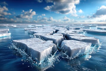 Floating ice floes under a partly cloudy sky, creating a serene, glacial landscape with vibrant blue water and an endless icy horizon stretching into the distance.